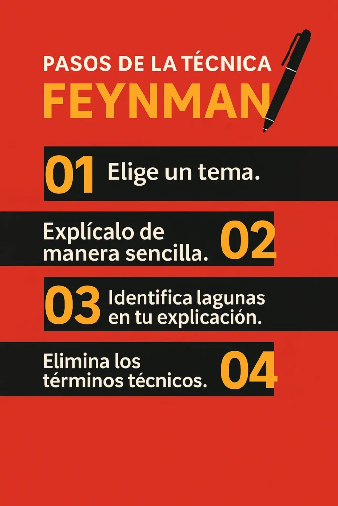 Infografía con los pasos de la técnica Feynman explicados de forma visual sobre fondo rojo, con icono de bolígrafo.