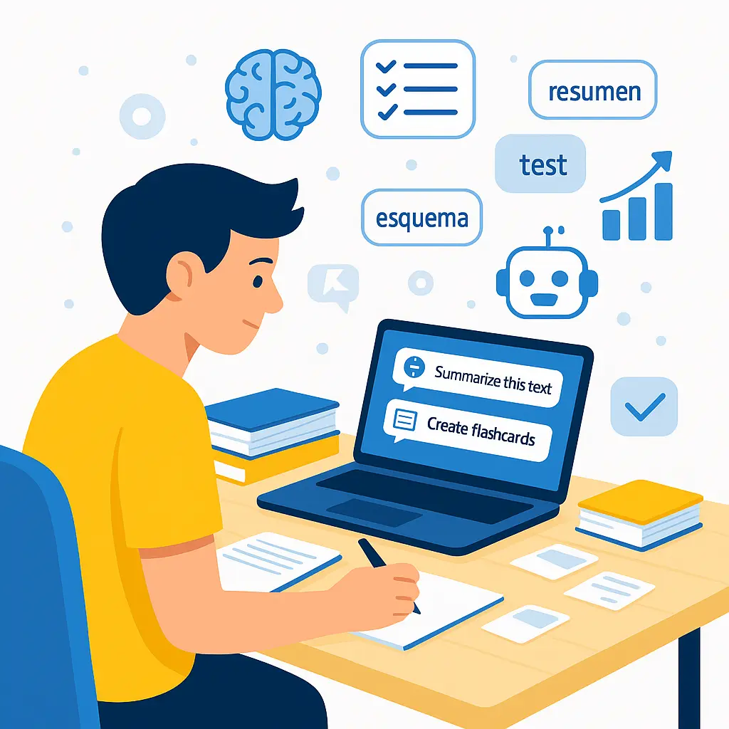 Ilustración de un estudiante aplicando técnicas de estudio con IA, usando un portátil con ChatGPT para crear resúmenes y flashcards rodeado de iconos educativos.