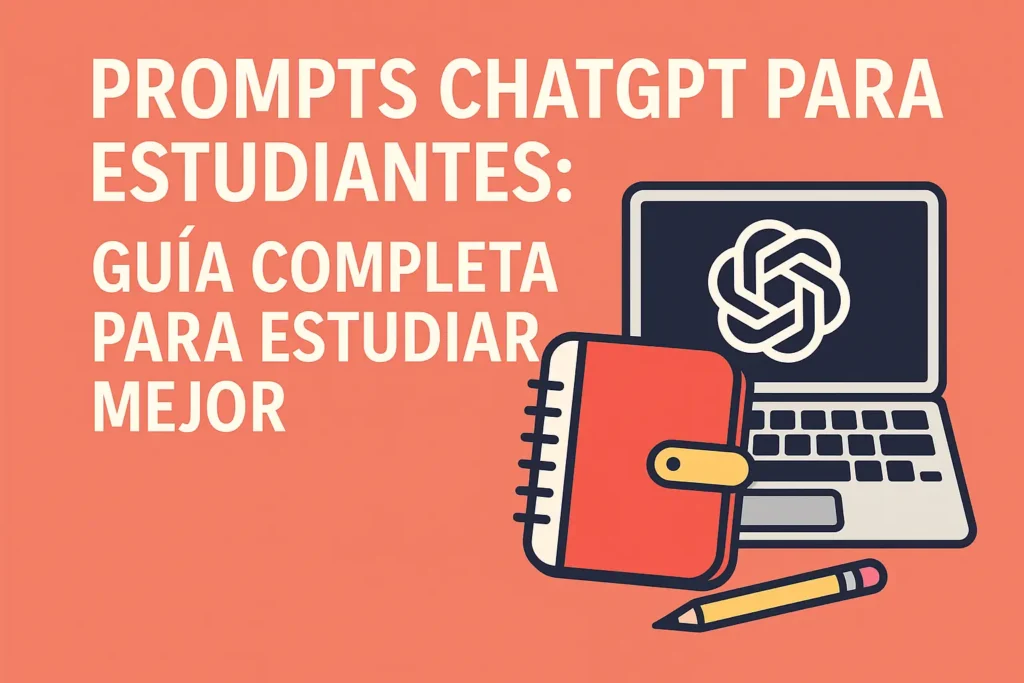 Prompts ChatGPT para estudiantes representados en una ilustración donde usan inteligencia artificial para estudiar y mejorar su aprendizaje.